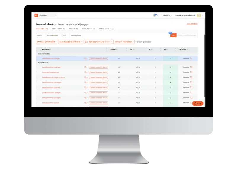 Een desktop-beeldschem met daarop het SEO-onderzoek van een tekstschrijver met hart voor onderwijs. Het zijn keyword-ideeën voor een basisschool in Nijmegen. De achtergrond is wit, gelijk aan het websitedesign.